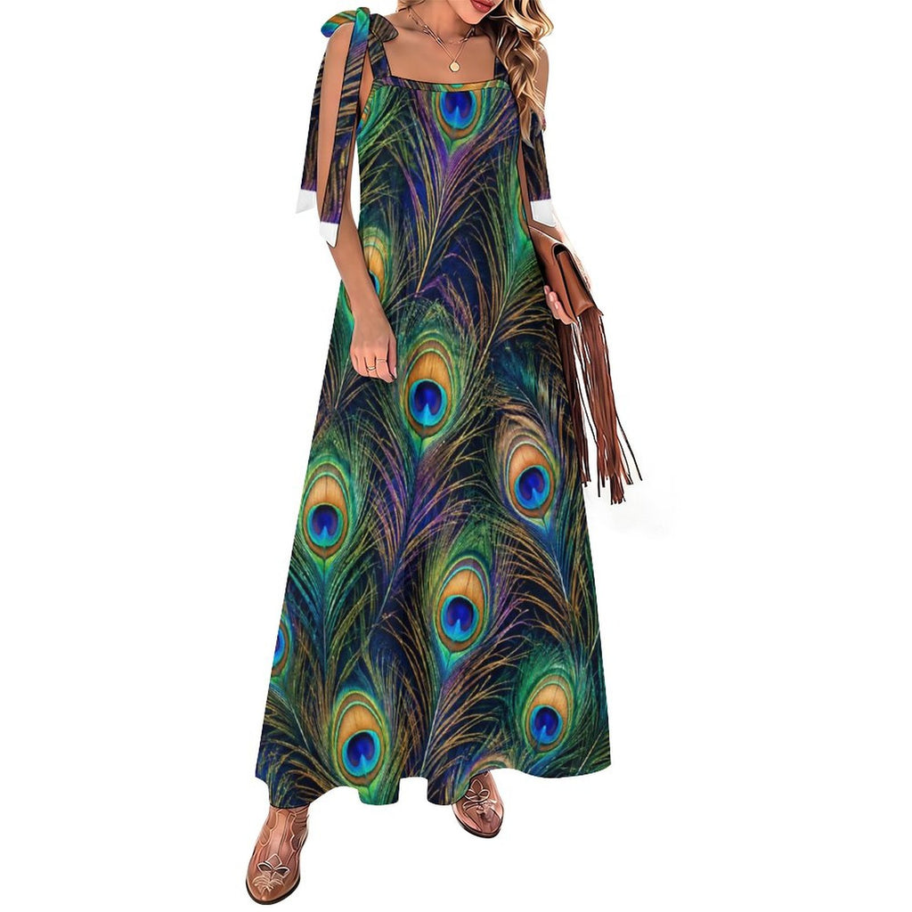 180gsm Ankle-length Slip Dress With Straps(All-Over Printing) - Peacock feathers