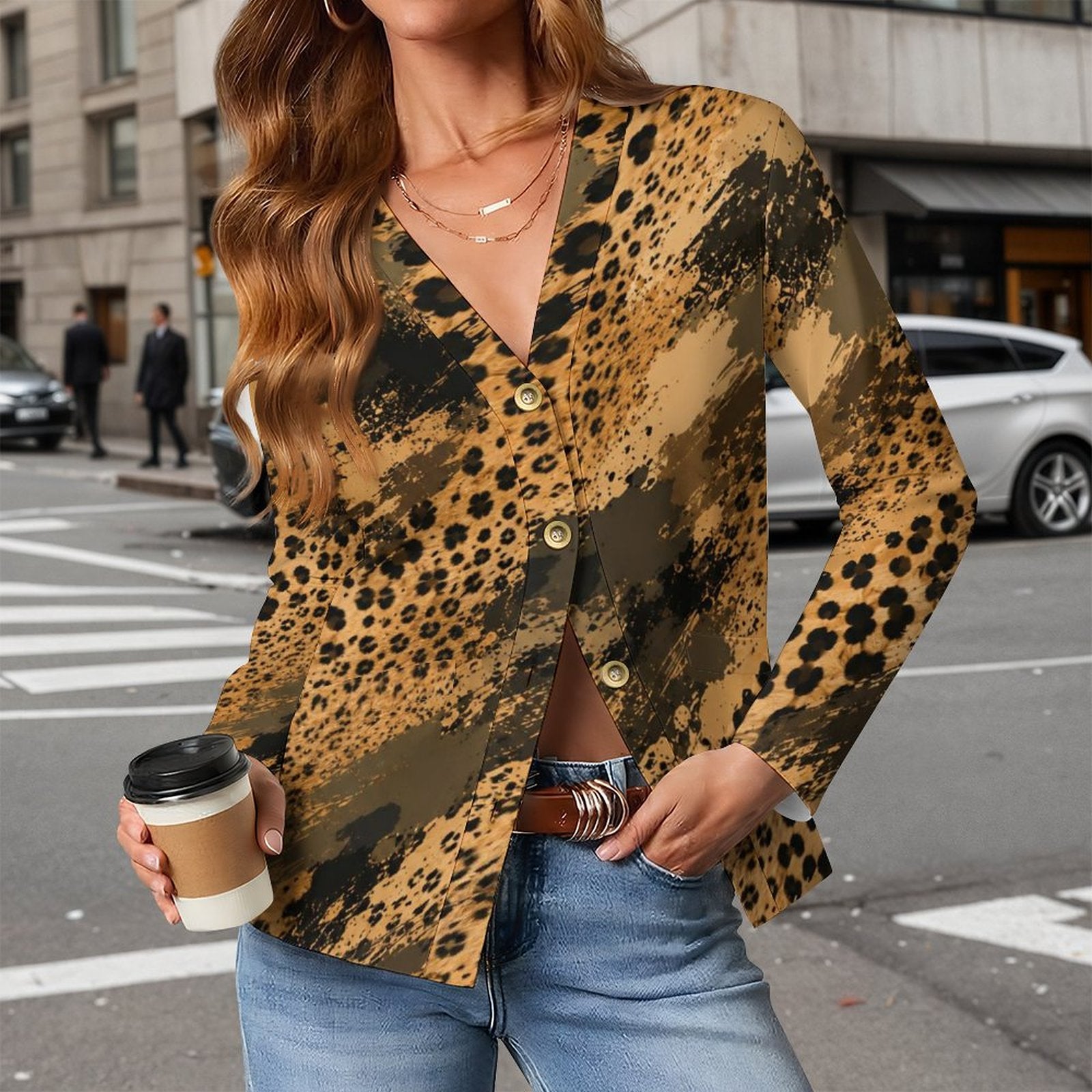 170gsm Women's Lightweight Cardigan(All-Over Printing) - Cheetah camouflage texture