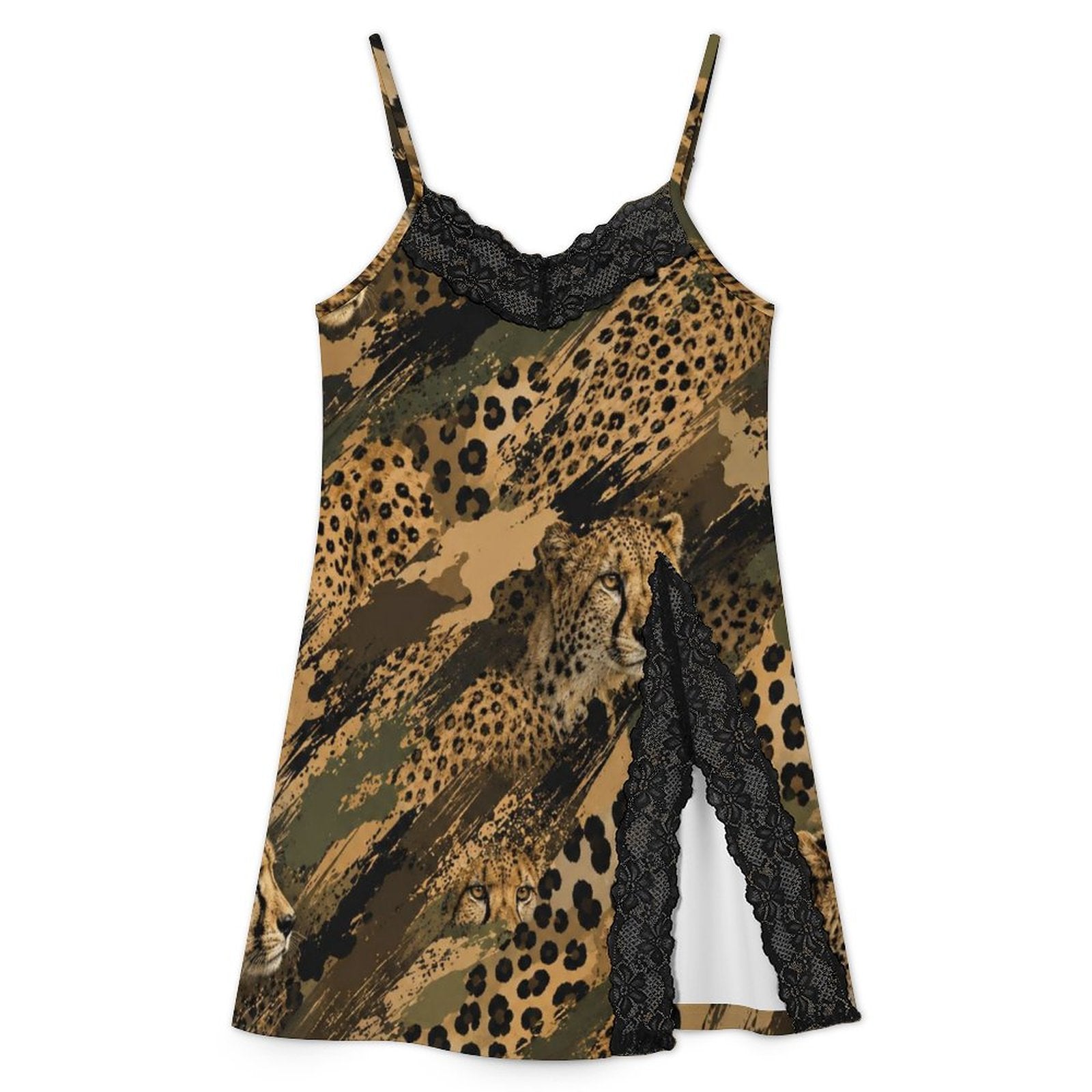 200gsm Lace Camisole Pajama Dress(All-Over Printing) - Cheetah camouflage