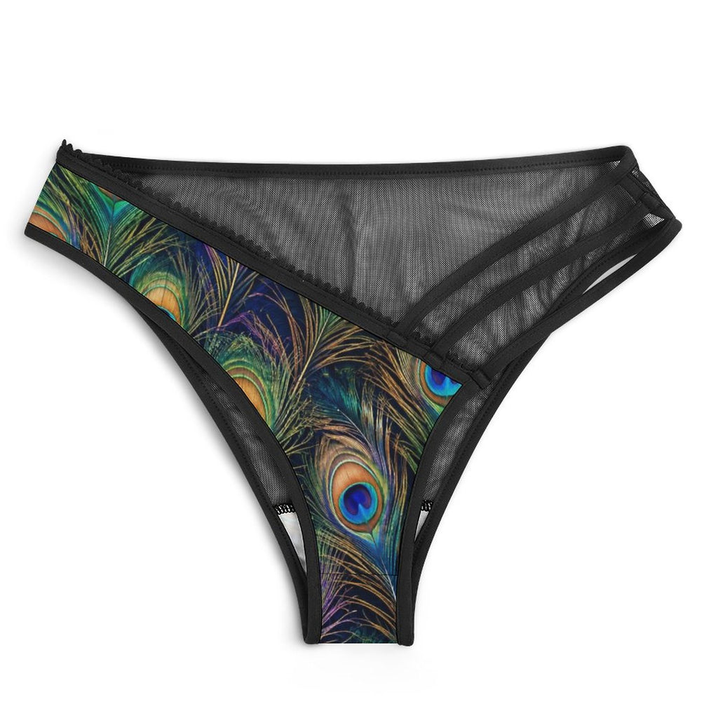 Multi-Strap Lace Briefs(All-Over Printing) - Peacock feathers