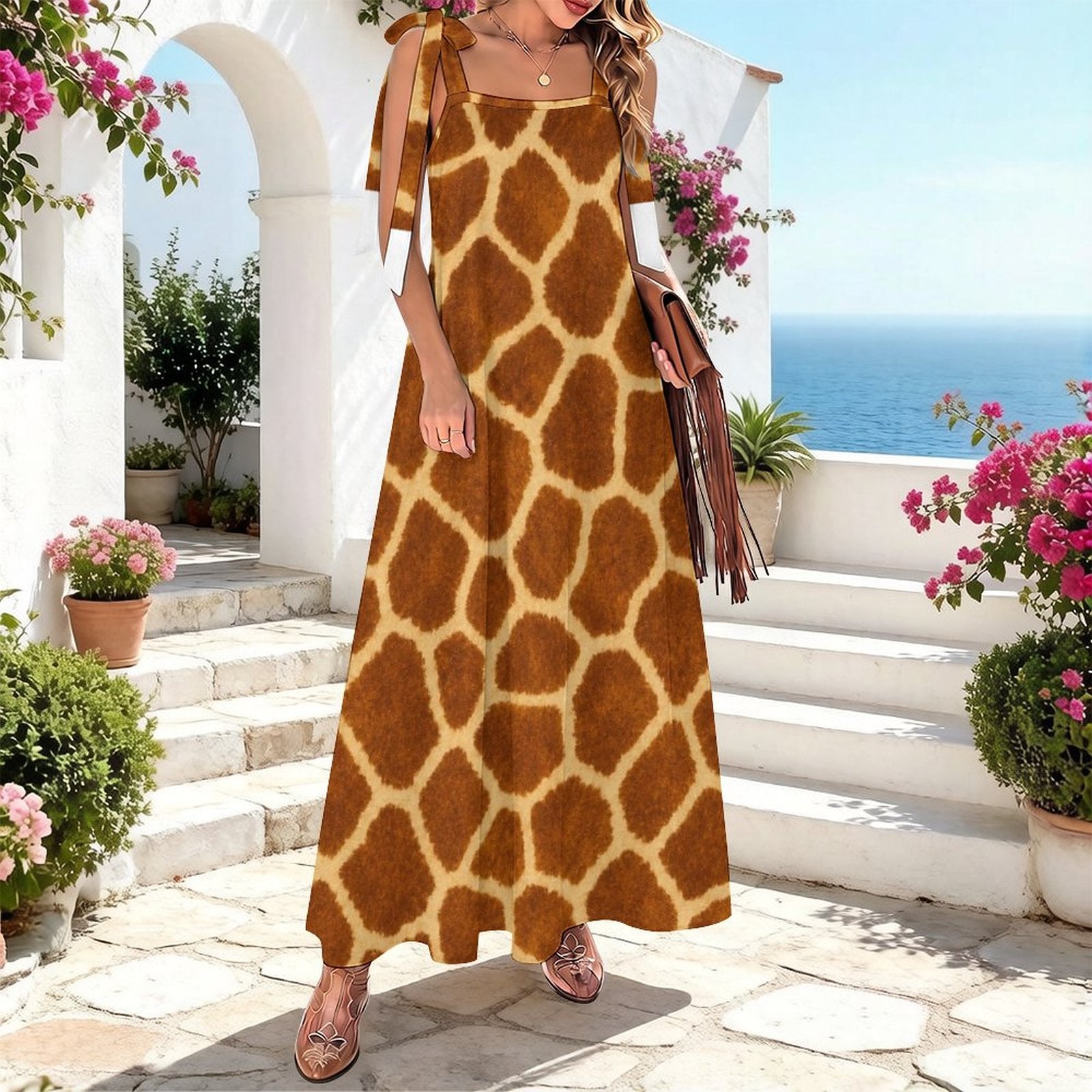 180gsm Ankle-length Slip Dress With Straps(All-Over Printing) - Giraffe Hide