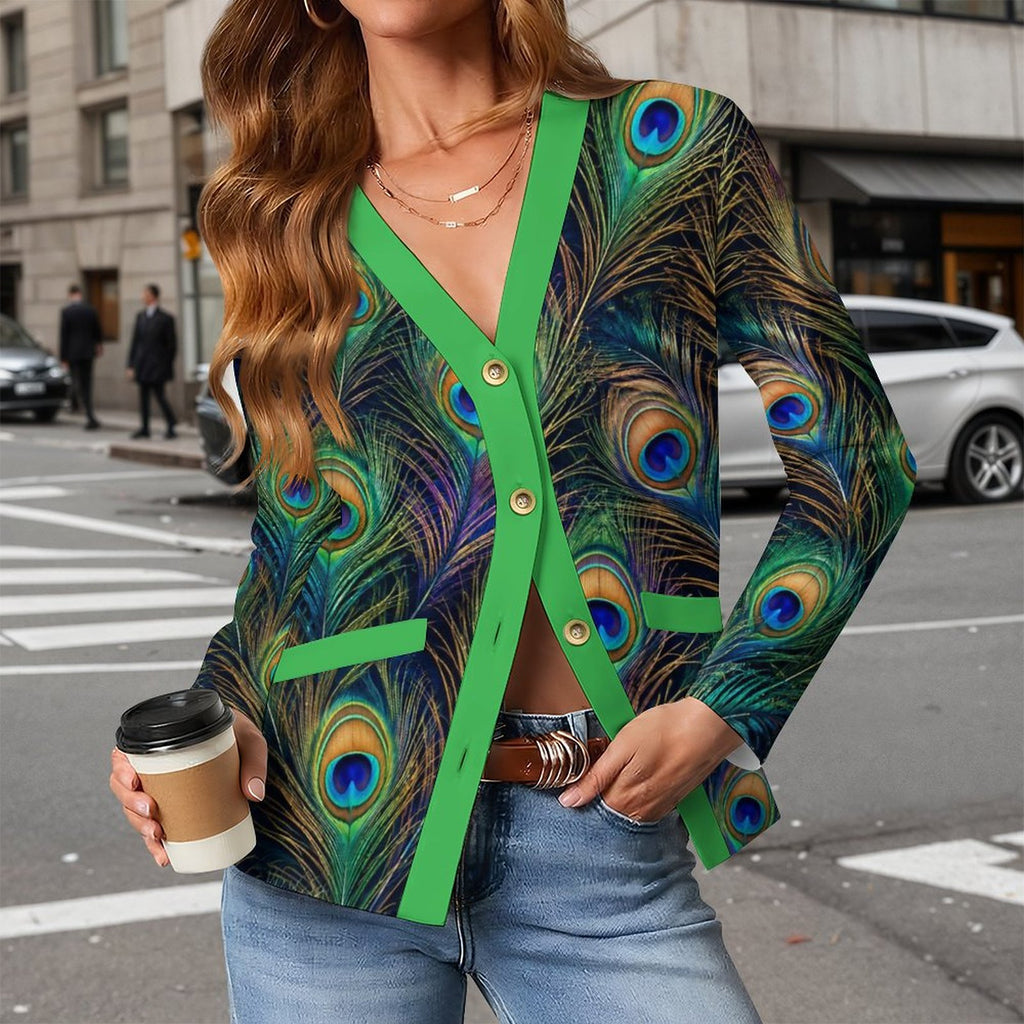170gsm Women's Lightweight Cardigan(All-Over Printing) - Peacock feathers