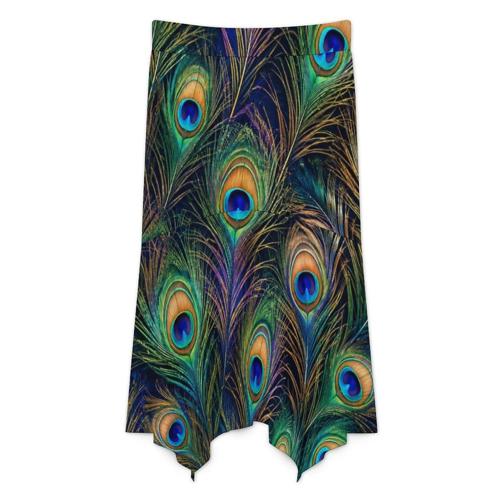180gsm Irregular Hemmed Skirt(All-Over Printing) - Peacock feathers