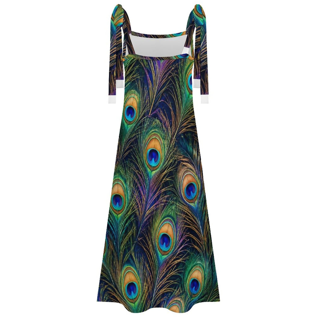 180gsm Ankle-length Slip Dress With Straps(All-Over Printing) - Peacock feathers