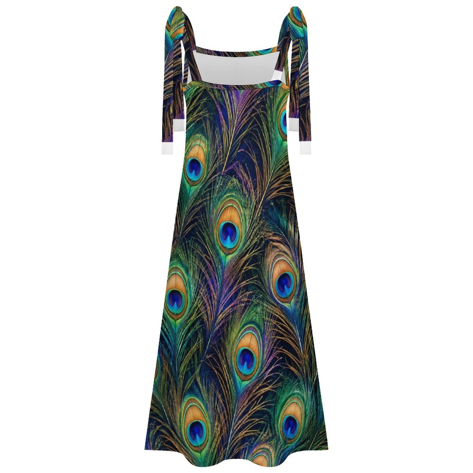 180gsm Ankle-length Slip Dress With Straps(All-Over Printing) - Peacock feathers