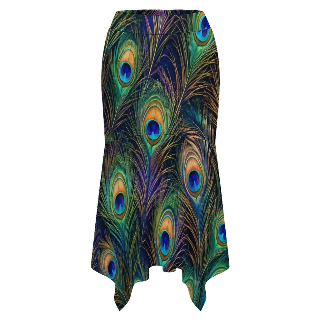 180gsm Irregular Hemmed Skirt(All-Over Printing) - Peacock feathers
