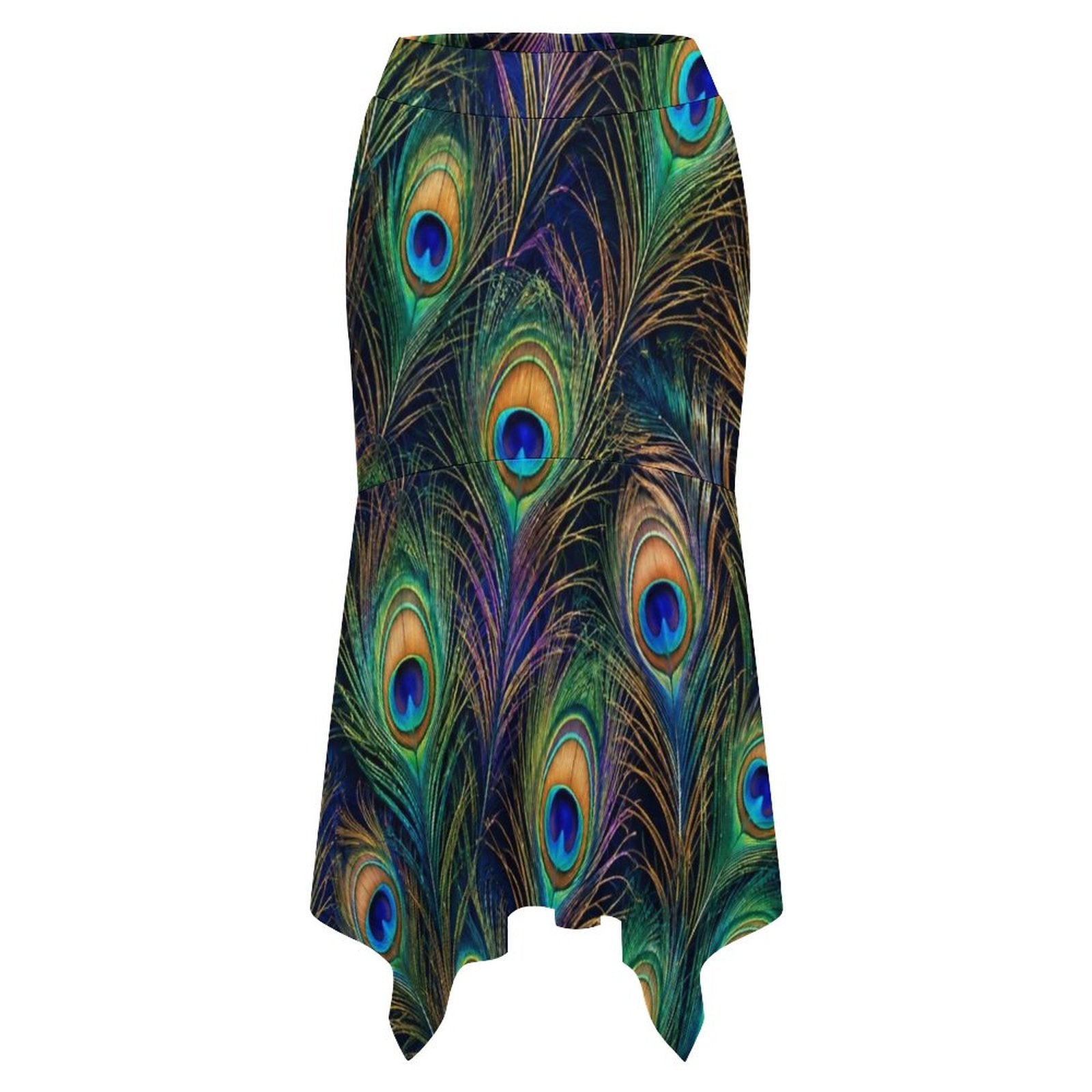 180gsm Irregular Hemmed Skirt(All-Over Printing) - Peacock feathers