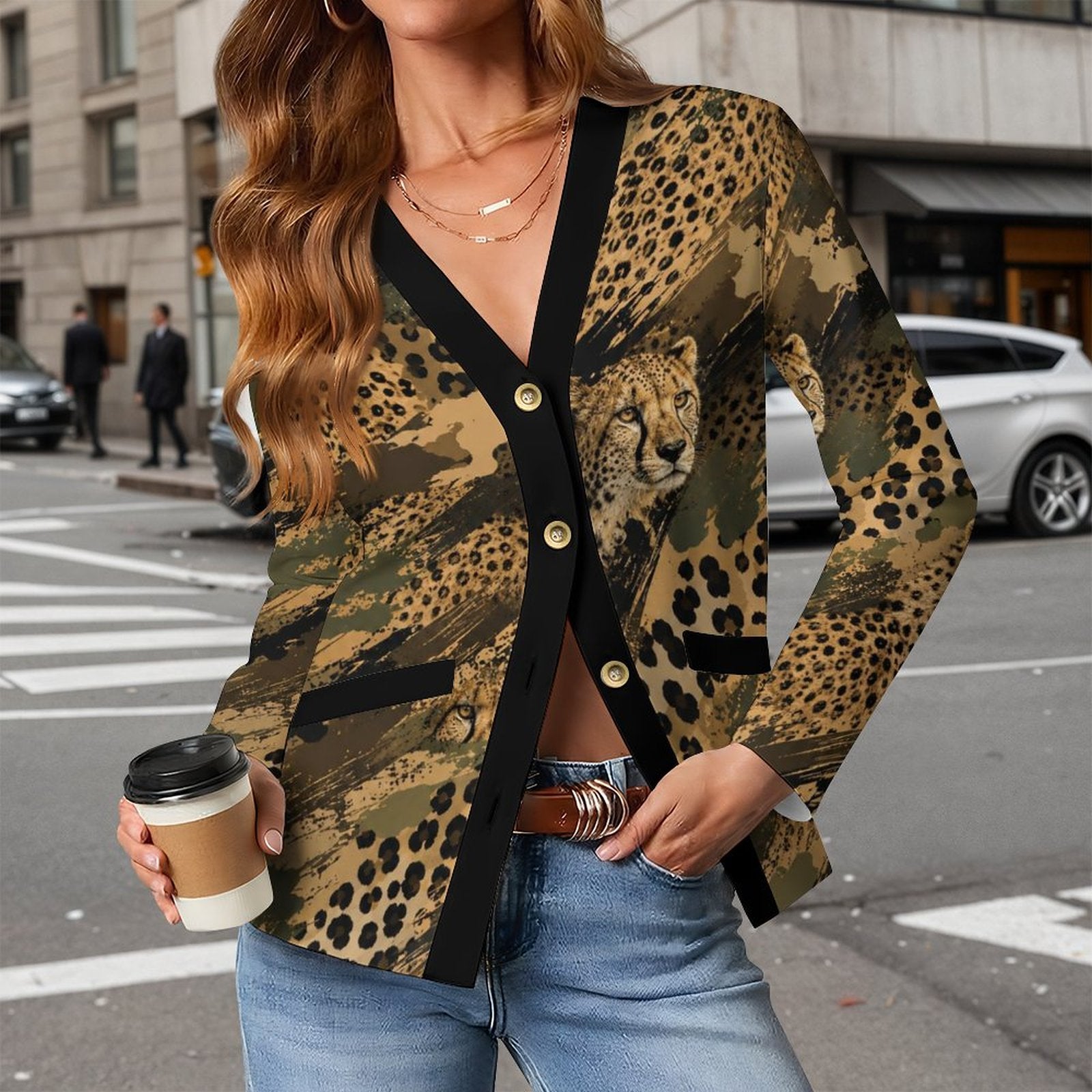 170gsm Women's Lightweight Cardigan(All-Over Printing) - Cheetah camouflage