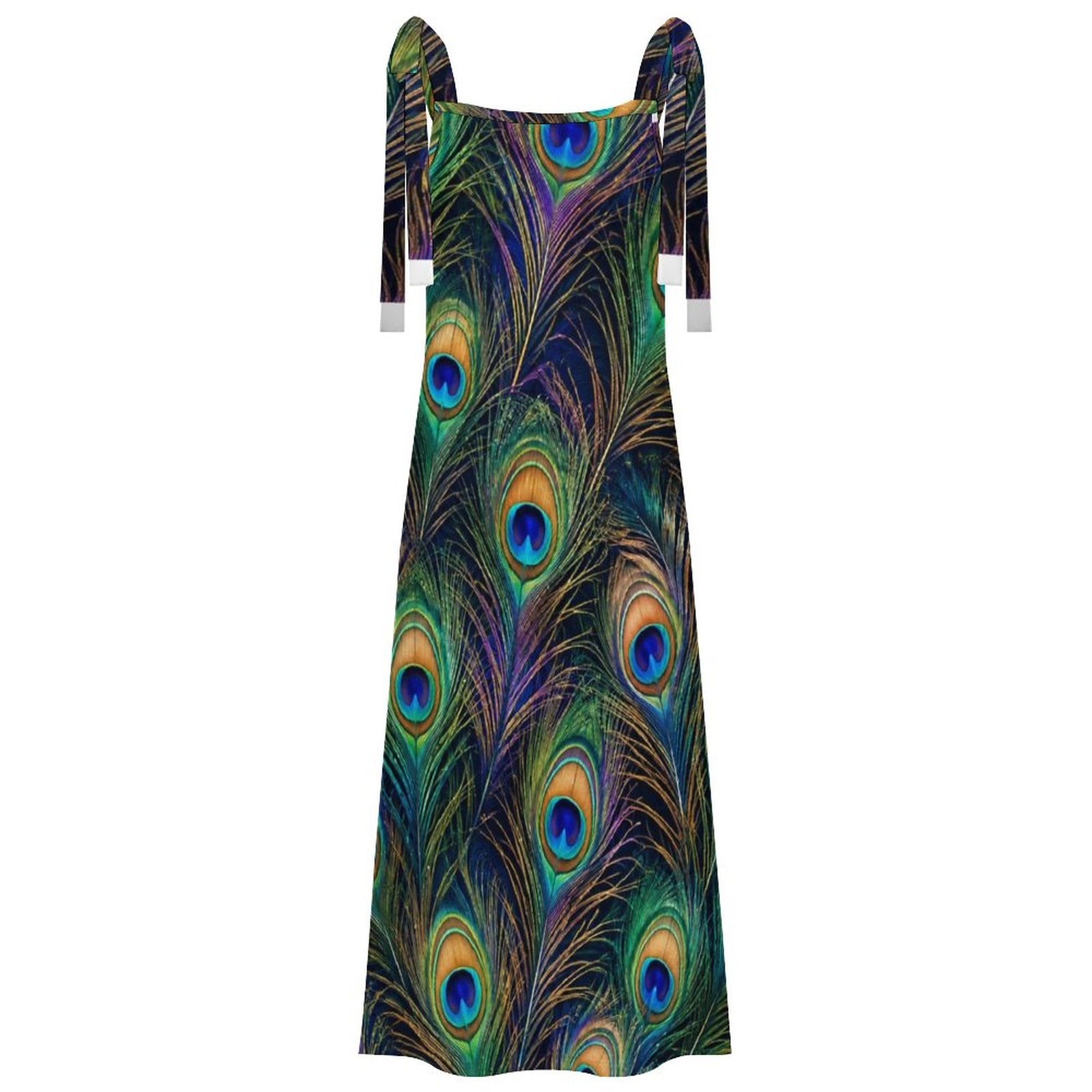 180gsm Ankle-length Slip Dress With Straps(All-Over Printing) - Peacock feathers