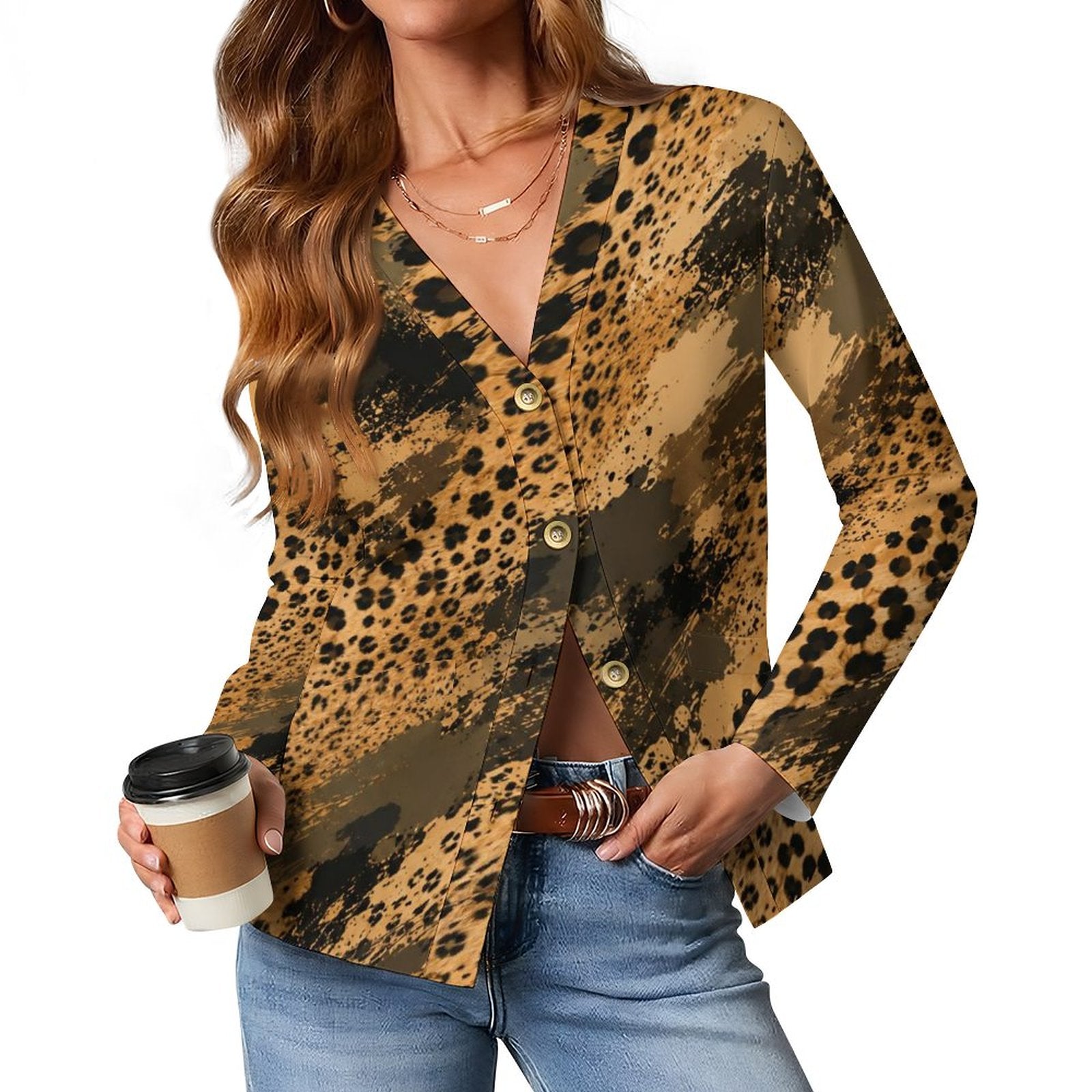 170gsm Women's Lightweight Cardigan(All-Over Printing) - Cheetah camouflage texture