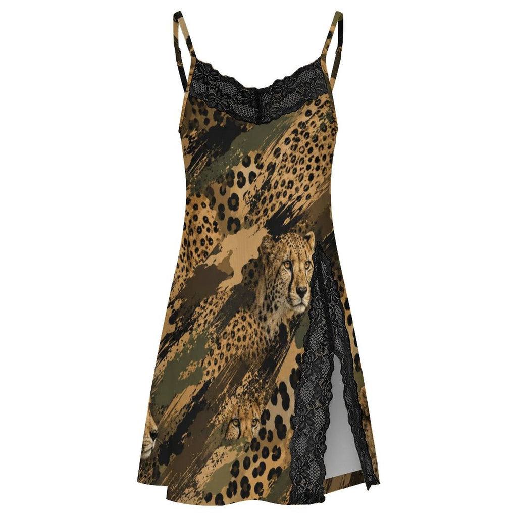 200gsm Lace Camisole Pajama Dress(All-Over Printing) - Cheetah camouflage