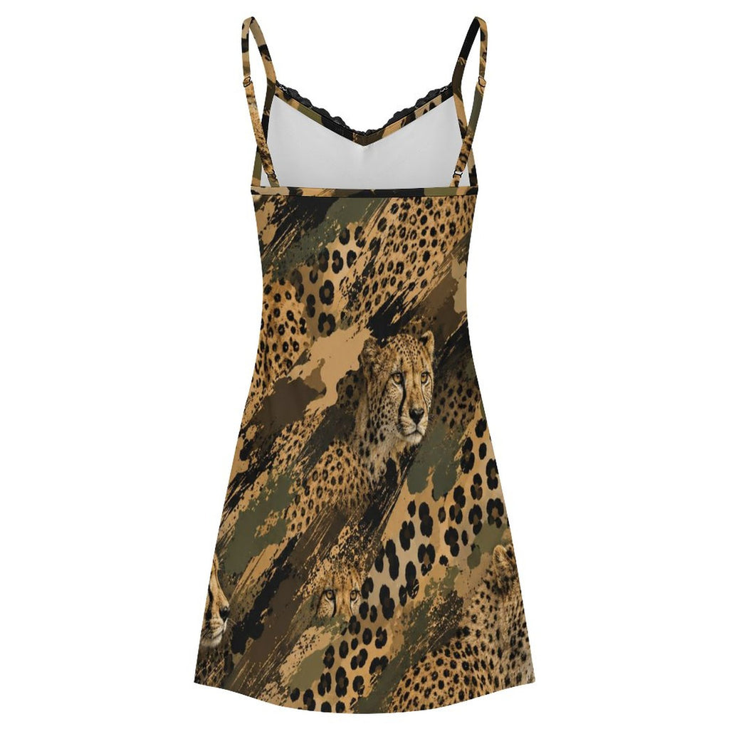 200gsm Lace Camisole Pajama Dress(All-Over Printing) - Cheetah camouflage