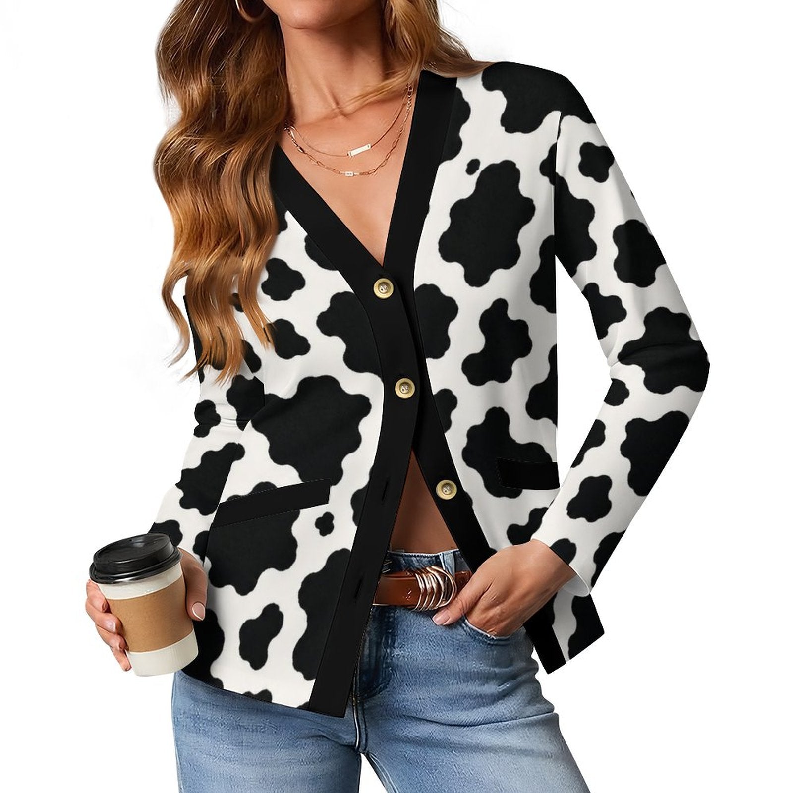 170gsm Women's Lightweight Cardigan(All-Over Printing) - Black-and-White Cowhide